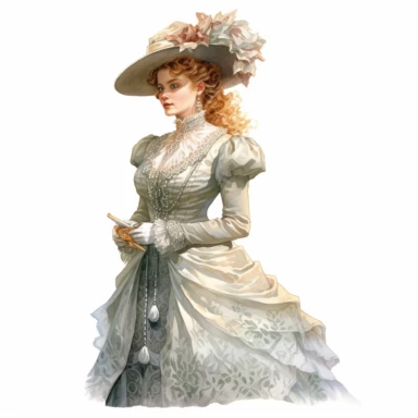 A Victorian lady in a victorian outfit. Her poised expression and magnetic gaze draw you into her world of Victorian splendor. Against a white background, the intricate details of her attire, including the flowing silhouette and intricate drapery, are depicted with exceptional detail and lifelike realism. Clipart, watercolor, white background, intricate detail, unreal engine cinematic smooth