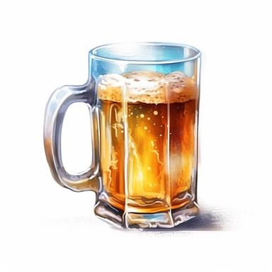 one cup of beer clipart on a white background, in the style of Watercolor illustrations, light azure and dark amber, light amber and silver, light gold and light amber, luminous 3d objects , no watermark, text, 300 DPI , typography, shapes do not stick together, no text in the picture, on a white background