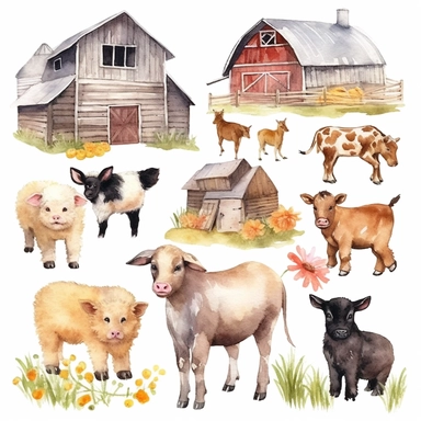 Watercolor illustration clipart set of barn, baby pig, chicken, goat, cow, dog, fence with grass and flowers, hd, realistic, no background,