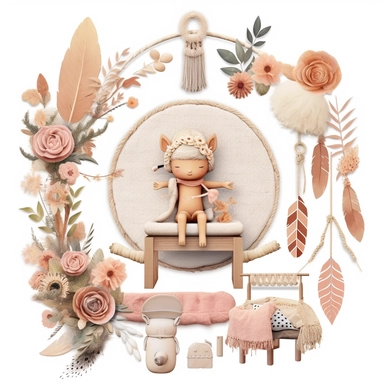 create beautiful clip art layout for boho baby items in high detail, uhd, white background, no shadows, extremely high resolution
