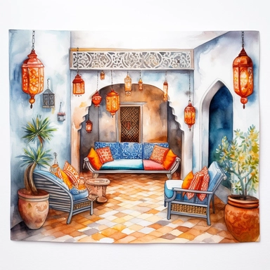 watercolor, hyper realistic, white background, white margins, 16k, ultra detailed clipart, cut out image, hand-drawn, whimsical A patio with a built-in fireplace, cozy seating, and a woven rug, decorated with colorful Moroccan lanterns, with a color palette of warm earthy colors and pops of bright oranges and blues.