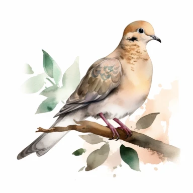 a single watercolor mourning dove sitting on a leafy branch clipart, hd, white background, spaced out