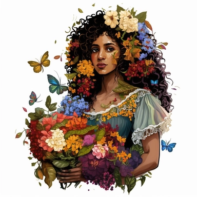a gorgeous Indian woman, curly hair with ruffles, big basket with flowers in her hand, Van Gogh style, luxury, chain of flowers in the background, butterflies, dandelions, vibrant colors, dressed in several dresses, white background, clipart