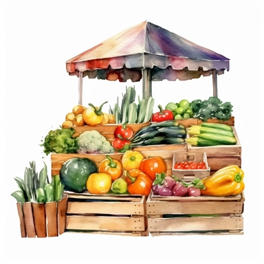 watercolor colorful clipart of a bountiful farmer's market, hd, on white background