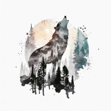 photo of a beautiful howling grey wolf in the woods, watercolour clipart, minimalist, white background, 8k, 1606016102