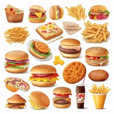 fastfood, clipart set, pizza, donut, hot dog, hamburger, cheeseburger, ice cream, popcorn, isolated on white background
