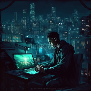 a man is working on a laptop computer with a city skyline picture clipart, in the style of cyberpunk realism, dark teal and dark black, realistic still lifes with dramatic lighting, stock photo, chiaroscuro portraitures, luminous color harmonies, flat shading