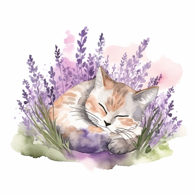 a cat sleeping in a clump of lavender watercolor clipart
