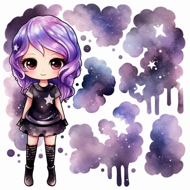 watercolor funny create kawaii marbled black ,silver, purple chibi school spirit clipart, isolated on white background,space out--ar3:2--s1000