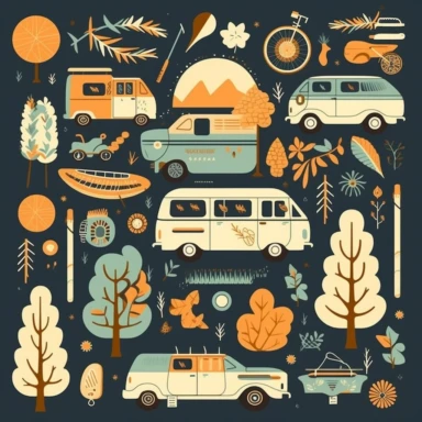 Craft a whimsical collection of vanlife-inspired clipart illustrations, inviting viewers into the world of adventure and simplicity on the open road. Design clipart images of charming vintage campervans, adorned with colorful patterns and plants, symbolizing a bohemian and carefree lifestyle. Create clipart elements of outdoor activities like surfing, hiking, stargazing, and cooking by the campfire, reflecting the joy of connecting with nature. Include clipart illustrations of travel essentials 