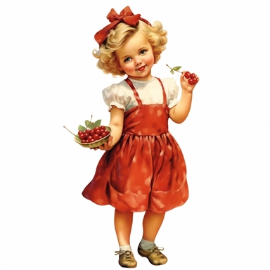 vintage clipart whimsical adorable little girl with cherries, full body, clipart style, accurate details, oil painting technique, super high quality, professional watercolor clipart, high resolution