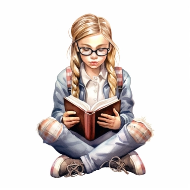 watercolor ultra realistic and illustration of cute school girl reading book, Clipart, white background