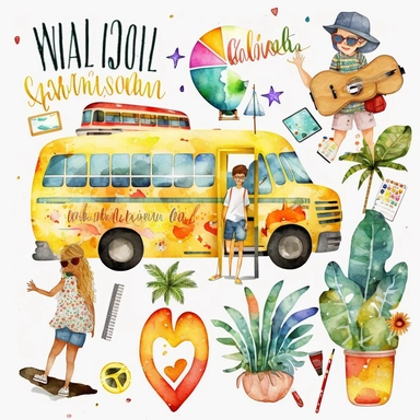 watercolor summer vacation from school clip arts, end of school year clipart, white background, no letters