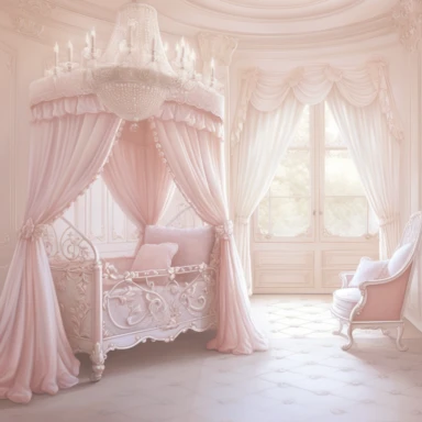 panoramic view, full view, beautiful elegant royal baby girl nursery room drawing painting, frilly, romantic, fantasy, ethereal, light pink and white colors, beautiful crib with beautiful full flowing canopy, beautiful bling crystal chandelier, soft pink teddy bear, beautiful large Victorian style window with beautiful pink flowing drapes, faux fur rug, sharp focus, high detail, 8k, illustration clipart style, transparent background