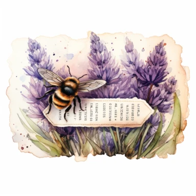 no background, clipart of a ticket with bees and lavender, vintage style , watercolour