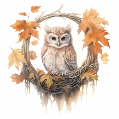 watercolor, hyper realistic, white background, white margins, 16k, ultra detailed clipart, cut out image, hand-drawn a wise owl sitting on a tree branch, surrounded by falling leaves, symbolizing wisdom and the changing seasons in the style of marianne st