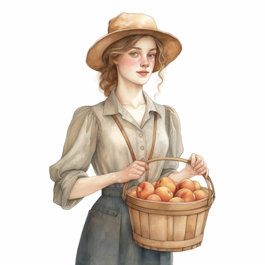 Cute french - style a stylish farmer woman holding bucket of peaches clipart, 1940, watercolor, realistic watercolor painting in storybook illustration, pencil drawing by Angela Barrett, Elsa Beskow, highly detailed, 8k, high resolution, crisp details, white background