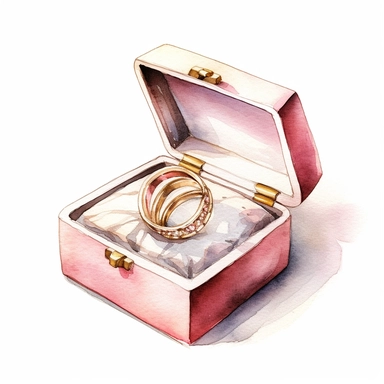 highly detailed and intricate watercolor boho wedding rings in a ring box clipart, pink and gold soft hues, white background