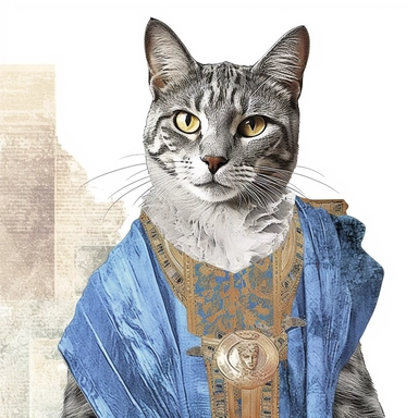 collage quirky cool collage Ancient Roman cat Felis catus clipart, Wearing a formal dress, detailed, clean line, hd, on white background, spaced out