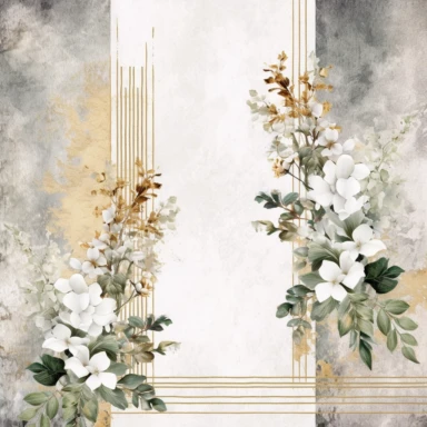scrapbook paper template, intricate three small bouquets of white floral watercolor clipart on the borders on paper, luxurious textures, nature-inspired pieces, very high resolution