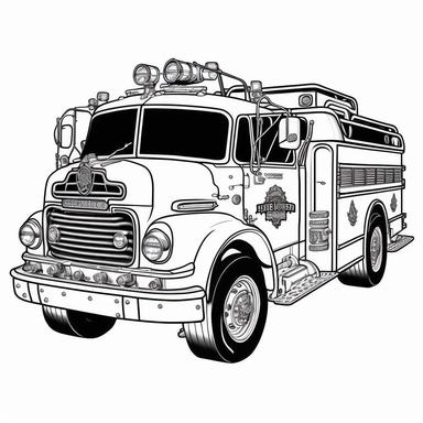 FIRETRUCK , clipart, logo, black and white, no noise, outline art, coloring page for kids , no black background , on white background