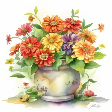 Create a watercolor clipart scene of zinnia flowers arranged in a pottery vase, incorporating the Michelangelo-inspired Watercolor Haven style on a white background. Focus on the zinnias' rich colors and intricate details, ideal for enhancing invitations, greeting cards, or other creative projects.
