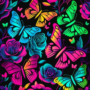 Imagine a stunning and eye-catching clipart pattern featuring neon butterflies and roses intertwined with each other. The colors used in the clipart are bright and vibrant, with electric pinks, purples, blues, and greens creating a dazzling display. The butterflies are rendered in a stylized and modern way, with bold lines and geometric shapes creating a sense of movement and energy. The wings of the butterflies are a mix of bright colors, with each one blending seamlessly into the next to creat