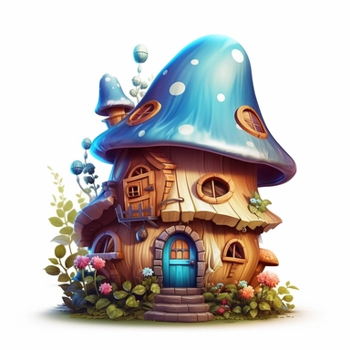 clipart, shades of blue and brown fairy house isolated on a white background, vector, pastel colors, realistic, 3D, no shadows