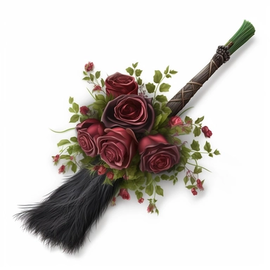 clipart, little gothic witch broom decorated with greenery and roses, isolated on a white background, vector, dark colors, realistic, 3D, no shadows, super-resolution, 32K