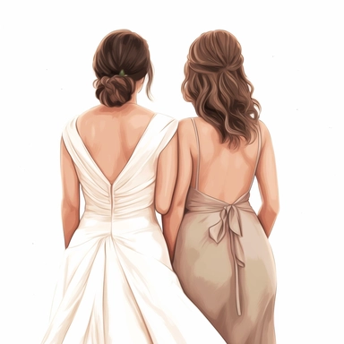 clipart of a bride and bridesmaid from behind, soft drawn, bride wearing a white of the shoulder dress and the bridesmaid wearing a champangne colour dress, both with brunette hair
