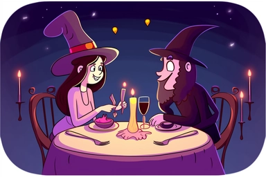 Cute Wizard on a magical candlelight dinner date with Cute Witch Clipart, on white background, spaced out, RGB, Romantic, Wizardcore, Witchcore, Multiverse, Ultra HD, hyperdetailled