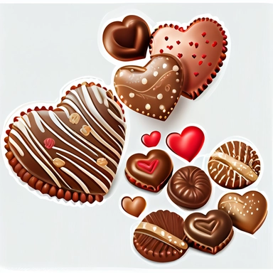 beautifully decorated, Valentine chocolate candy and heart shape cookies, clipart, vector, on white background, hyper realistic, super detailed, photorealistic