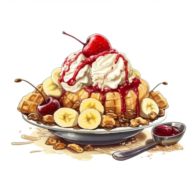 clipart banana split with lots of scoops of ice cream nuts, toppings