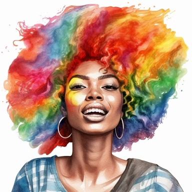 black African American woman with rainbow afro portrait clipart, watercolor style, hyper realistic, detailed, white background