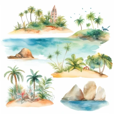Tropical island beach clipart set isolated on white, watercolor, - - no photograph
