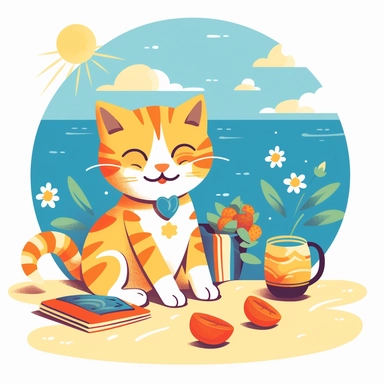 Capture the essence of summer joy with a delightful clipart illustration of a cat enjoying the season, set against a clean white background. Picture a lively cat engaged in playful activities like chasing a butterfly or playing with a beach ball. Infuse the scene with elements that evoke the summer vibe, such as sunglasses, a sun hat, or a cool beverage. Utilize a vibrant color palette featuring pops of bright hues like energetic yellows, lively greens, and vivid blues, creating a sense of warmt