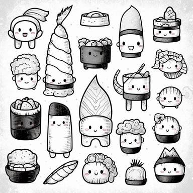 realistic , digital stamps vector asain kawaii food Kawaii Sushi clipart set, Cute sushi clip art, Salmon nigiri, Onigiri, Maki, Ramen, Noodles, Sushi rolls, Japanese food cliparts, Printable Planner stickers, Vector graphics, line art, black and white