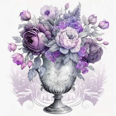 beautiful bouquet of purple flowers in crystal vase, romantic, shabby chic, ethereal. clipart style