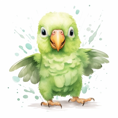 watercolor clipart, Playful cute laughing light green baby parrot, full body, isolated on white background, Sublimation Clipart, hyper realistic, intricate detail, illustration style, isolated on white background for removing background, Super-Resolution, Megapixel