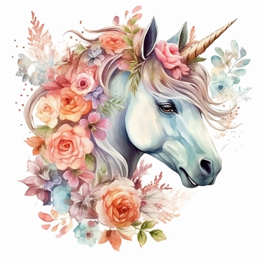 Watercolor Floral Unicorn, peony flowers, roses, Pastel colors, Fantasy, royal, elegance, whimsy, magical, on white background Sublimation Clipart,hyper realistic, intricate detail, illustration style,high solution,on the white background