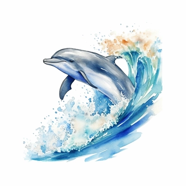 Watercolor hand-drawn dolphin illustration - jumping up from the foamy ocean wave, playful, happy mammal. Character, logo, children wallpaper, doodle, cartoon. Marine clip art. Ocean, sea inhabitant. White Background