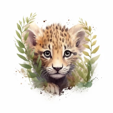 cute leopard cub, peeking out from behind a bush, muted tones, clipart, on a white background