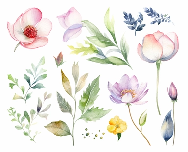 watercolor flower clip art for april, in the style of dreamlike composition, white background, ethereal foliage, show only one foliage, luxurious fabrics, pictorial dreams, use of bright colors, poetic pastoral scenes