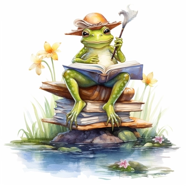 a whimsical watercolor clipart image with a white background, portraying a frog bookworm balancing on a lily pad, reading a book that transforms its surroundings into a magical wonderland.