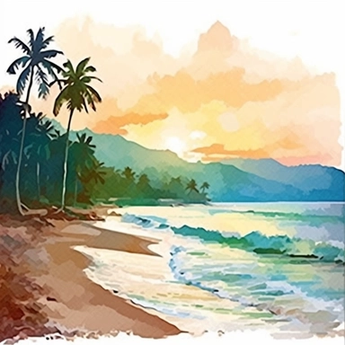 Clipart on white background Dominica Beach lanscape muted at sunset water color