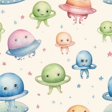 cute little ufo and aliens, clipart watercolor style