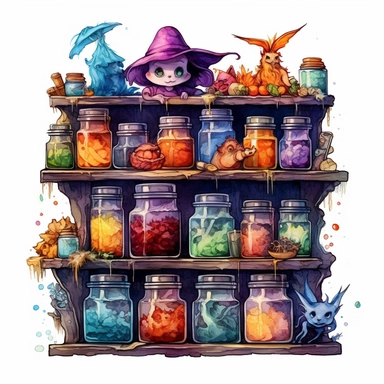 Witches PotionShelf Watercolor dreamy Clipart, pastel-core purple turquoise blue orange red yellow Magical Mystical Art, Fantasy Clipart, Witchcraft Potion many details style of Demizu Posuka no people