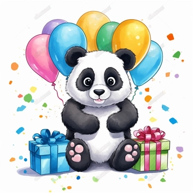 cute cartoon panda birthday illustration clipart, detailed, outline, white background, 4k, digital art, watercolor