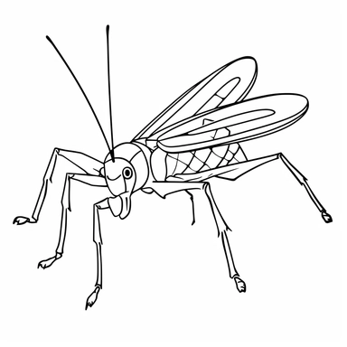 [Theme: bug] insect grasshopper, simple clipart, coloring book for kids, minimalist vector line art, thick solid black lines, black and white, isolated on white background