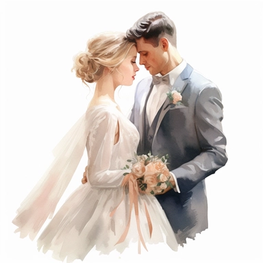 Wedding bride and groom, clipart, white background, in the style of elegant realism, muted and subtle tones, detailed painting, transparency and lightness